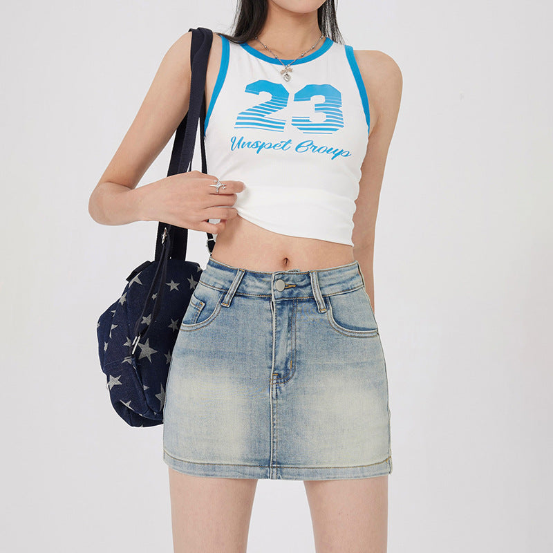 High Waist Denim Skirt Bag Hip A- Line Skirt