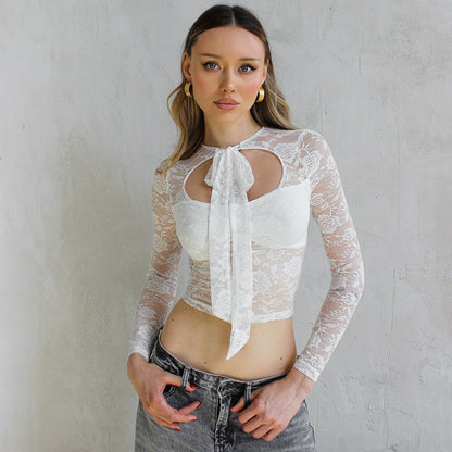 Solid Color Lace Long Sleeve Tied Hollow Top