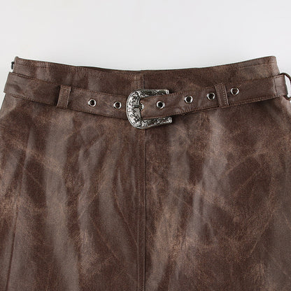 Brown Vintage Tie-dye Leather Skirt