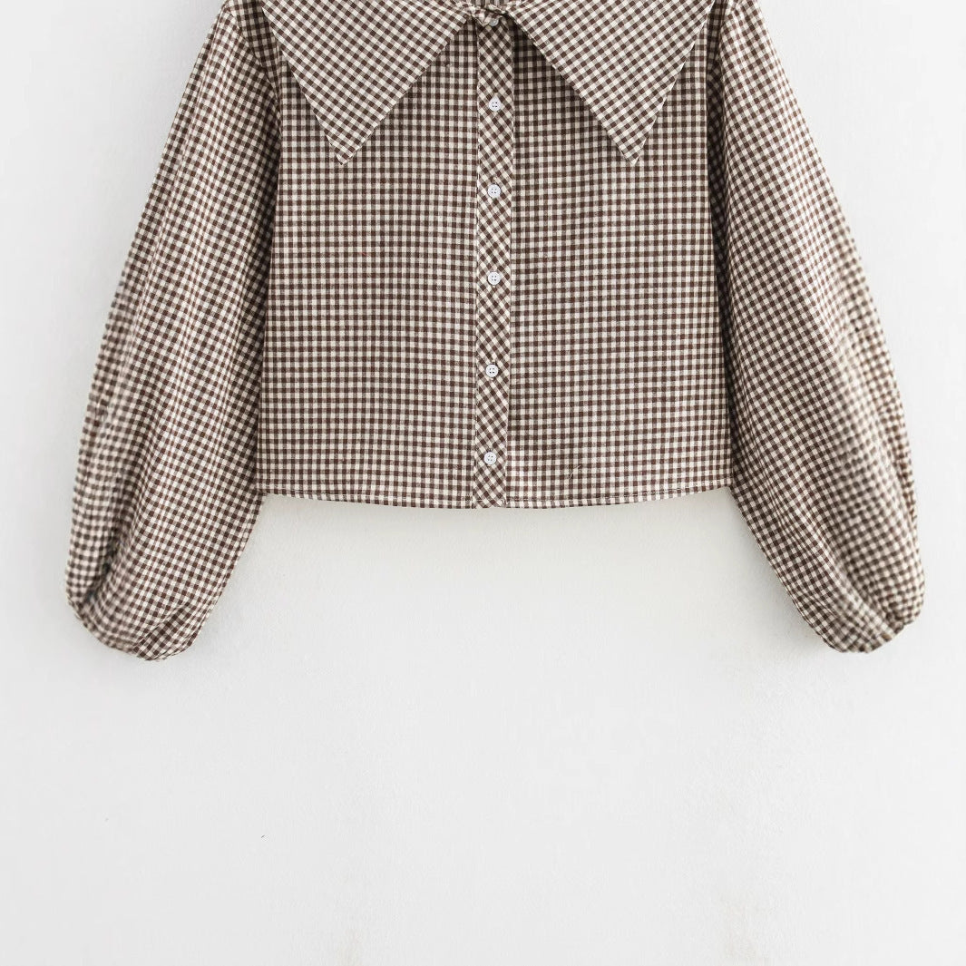 Small Round Lapel Plaid Shirt