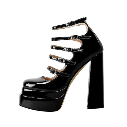 Platform Square Toe Hollow Belt Buckle High Heels