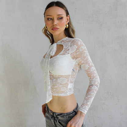 Solid Color Lace Long Sleeve Tied Hollow Top