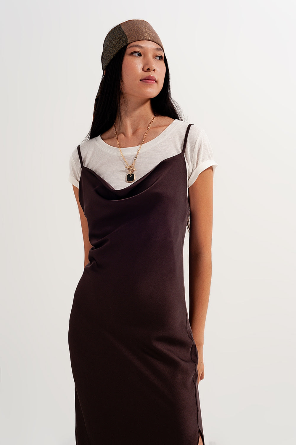 Satin Cami Strap Mini Dress in Brown