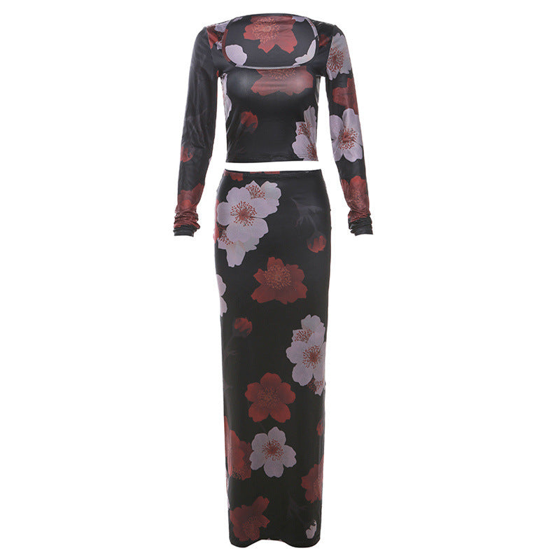 Printed Square Collar Long Sleeve High Waist Skirt Suit