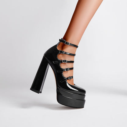 Platform Square Toe Hollow Belt Buckle High Heels