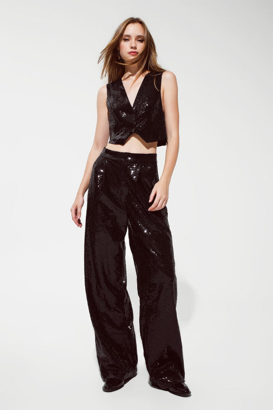 Black Cropped Vest With Reflective Sequins