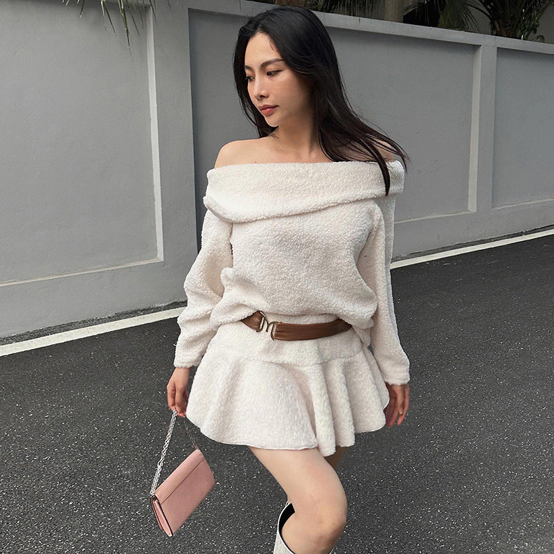 Plush Lapel Shoulder Long-sleeved Top Mid-length Dress Set