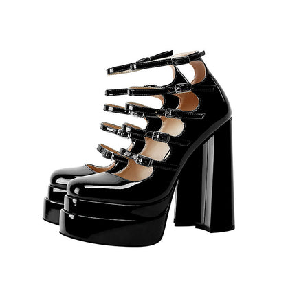 Platform Square Toe Hollow Belt Buckle High Heels