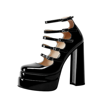 Platform Square Toe Hollow Belt Buckle High Heels