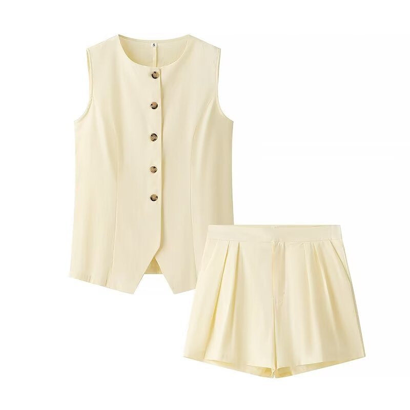 Sleeveless Vest Waistcoat High Waist Pleated Casual Shorts