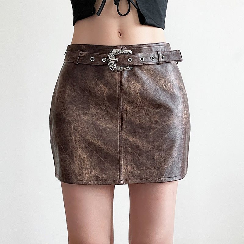 Brown Vintage Tie-dye Leather Skirt