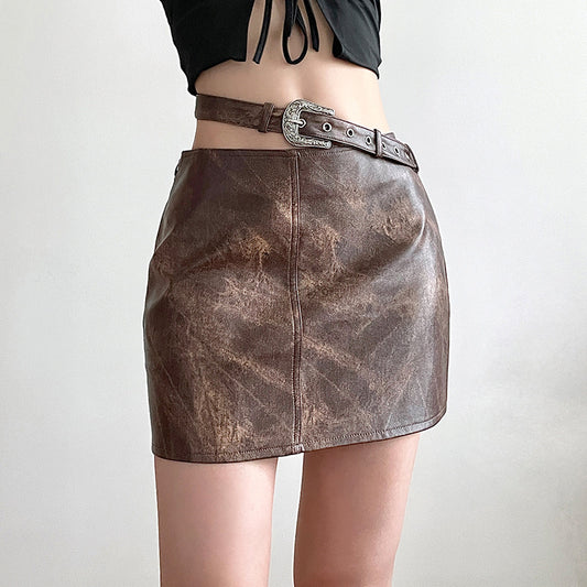 Brown Vintage Tie-dye Leather Skirt