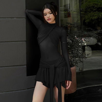 Slim Fit Mesh Stitching Long Sleeves Dress